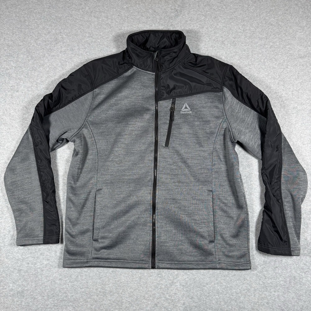 Reebok Full Zip Training Jacket Men's XL Gray Black Fleece Athletic Chest Pocket